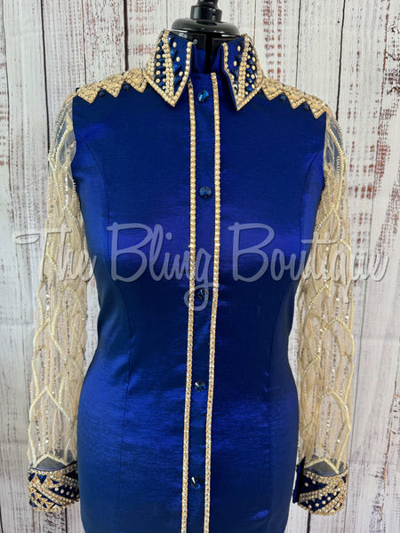 Dark Blue & Tan Day Shirt Set With Lace Sleeves (M)