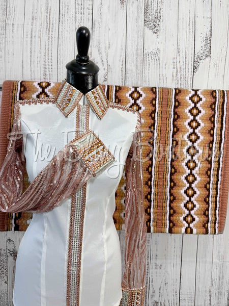 White, Peach & Rose Gold Day Shirt Set With Sheer Lace Sleeves (L)