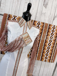 White, Peach & Rose Gold Day Shirt Set With Sheer Lace Sleeves (L)