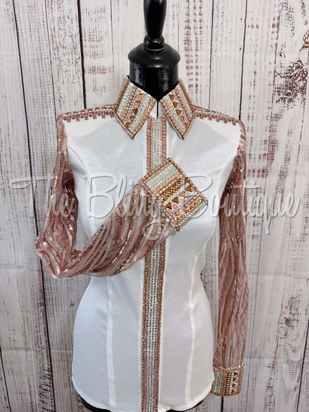 White, Peach & Rose Gold Day Shirt Set With Sheer Lace Sleeves (L)