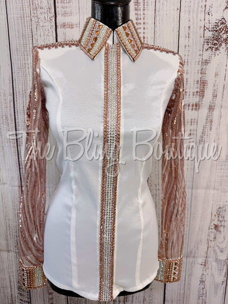 White, Peach & Rose Gold Day Shirt Set With Sheer Lace Sleeves (L)