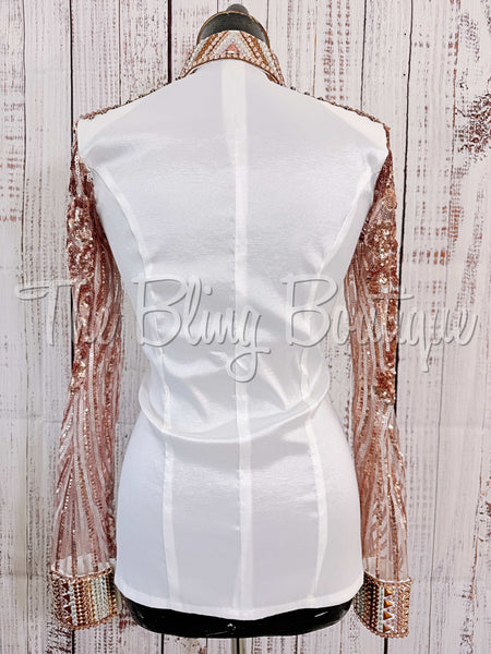 White, Peach & Rose Gold Day Shirt Set With Sheer Lace Sleeves (L)