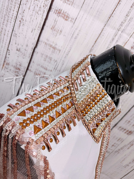White, Peach & Rose Gold Day Shirt Set With Sheer Lace Sleeves (L)