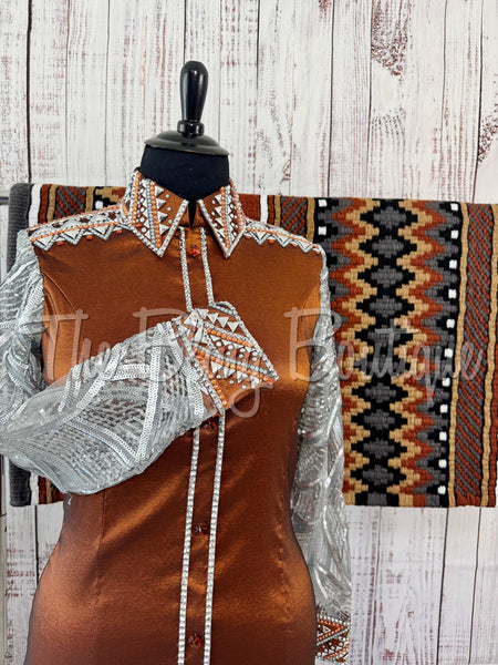 Rust & Grey Day Shirt Set With Sheer Sleeves (XL)