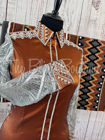 Rust & Grey Day Shirt Set With Sheer Sleeves (XL)