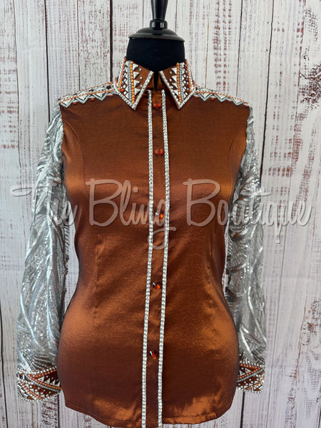 Rust & Grey Day Shirt Set With Sheer Sleeves (XL)