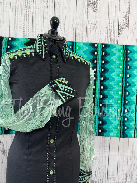 Black & Mint Day Shirt Set With Lace Sleeves (M)