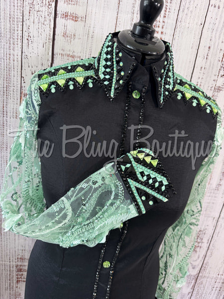 Black & Mint Day Shirt Set With Lace Sleeves (M)