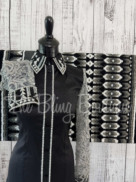 Black & Grey Day Shirt Set With Sheer Lace Sleeves (S)