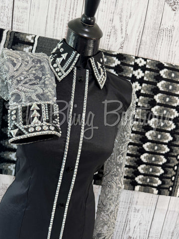 Black & Grey Day Shirt Set With Sheer Lace Sleeves (S)