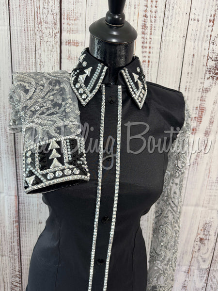 Black & Grey Day Shirt Set With Sheer Lace Sleeves (S)