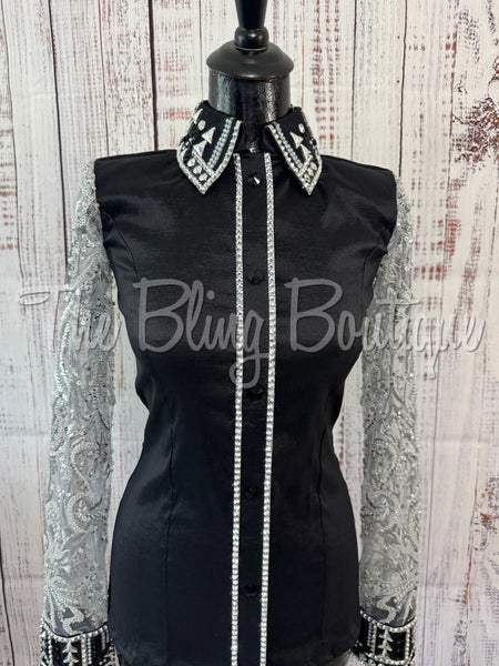 Black & Grey Day Shirt Set With Sheer Lace Sleeves (S)