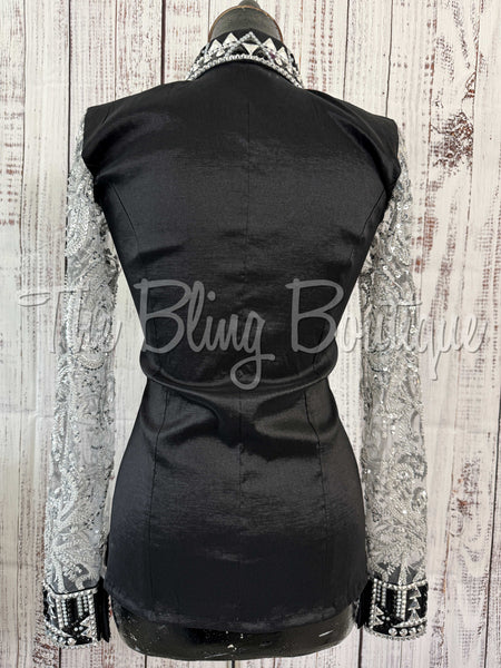Black & Grey Day Shirt Set With Sheer Lace Sleeves (S)