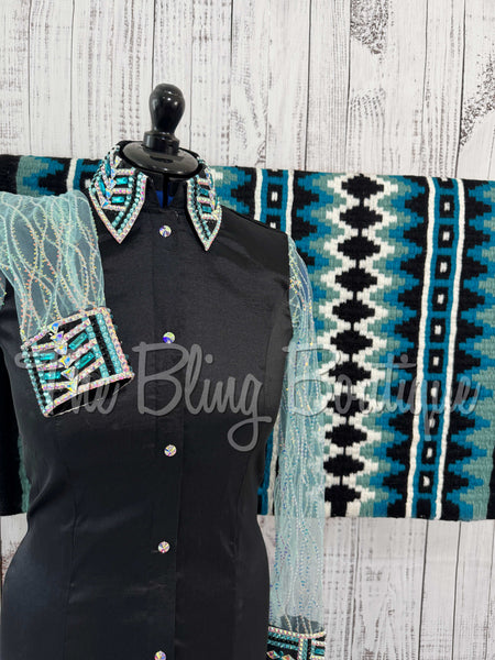 Black & Turquoise Day Shirt Set With Lace Sleeves (M)