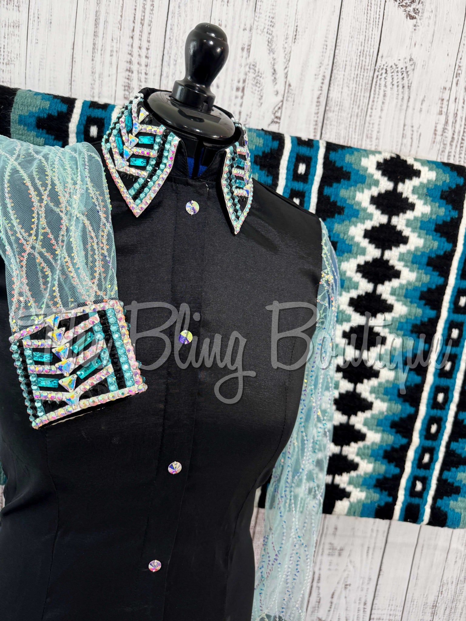 Black & Turquoise Day Shirt Set With Lace Sleeves (M)