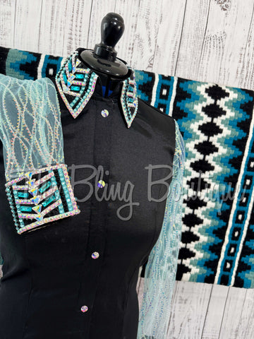 Black & Turquoise Day Shirt Set With Lace Sleeves (M)