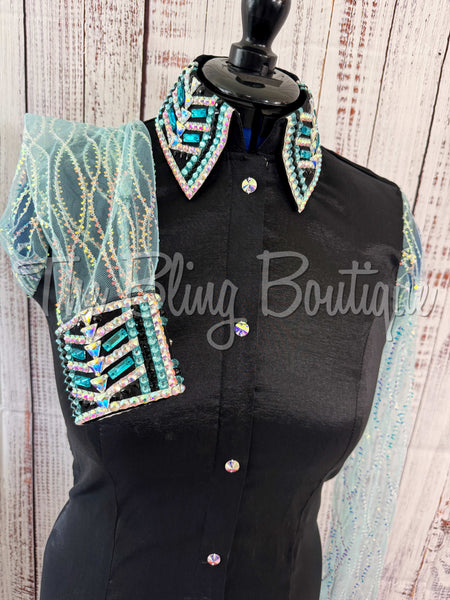 Black & Turquoise Day Shirt Set With Lace Sleeves (M)