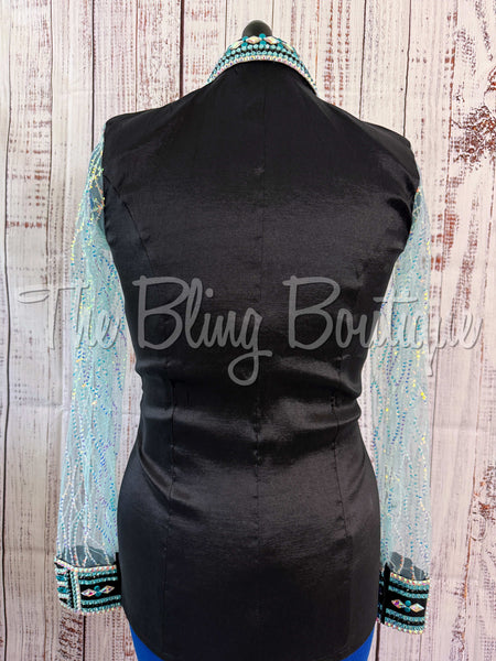 Black & Turquoise Day Shirt Set With Lace Sleeves (M)