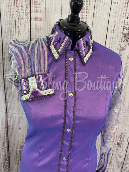 Lavender, Purple & White Day Shirt Set With Lace Sleeves (L)