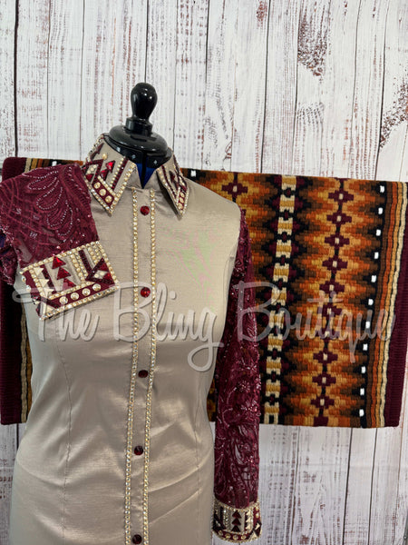 Tan & Burgundy Day Shirt Set With Lace Sleeves (L)