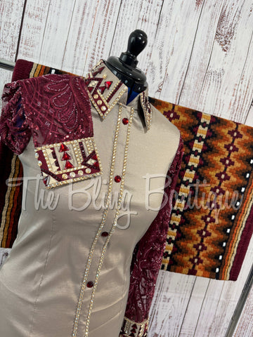 Tan & Burgundy Day Shirt Set With Lace Sleeves (L)