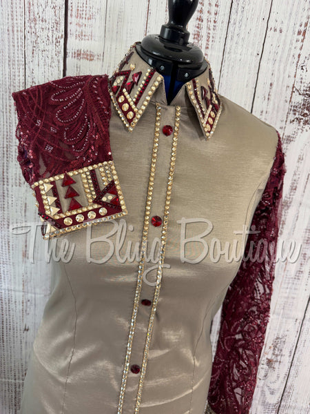 Tan & Burgundy Day Shirt Set With Lace Sleeves (L)