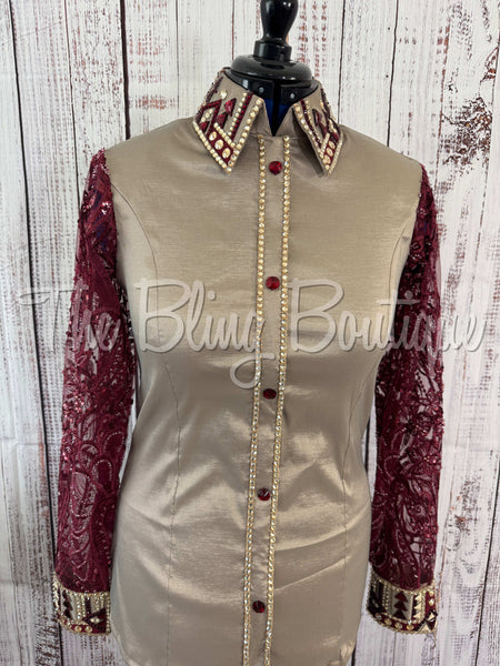 Tan & Burgundy Day Shirt Set With Lace Sleeves (L)