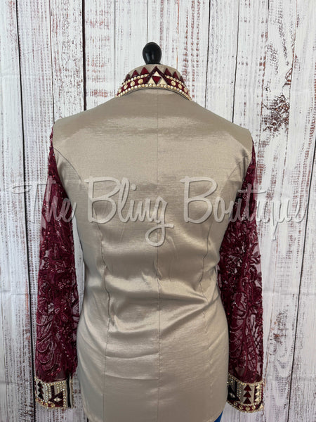 Tan & Burgundy Day Shirt Set With Lace Sleeves (L)
