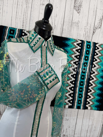 White & Teal Day Shirt Set With Sheer Lace Sleeves (S)
