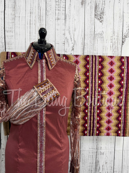 Mauve Rose & Rose Gold Day Shirt Set With Lace Sleeves (L)
