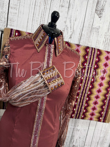 Mauve Rose & Rose Gold Day Shirt Set With Lace Sleeves (L)