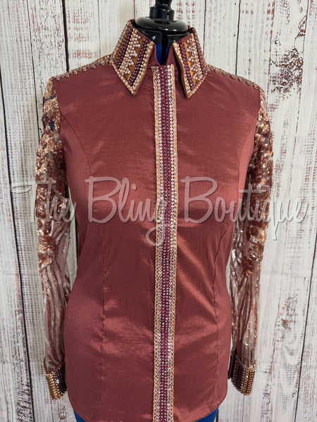 Mauve Rose & Rose Gold Day Shirt Set With Lace Sleeves (L)