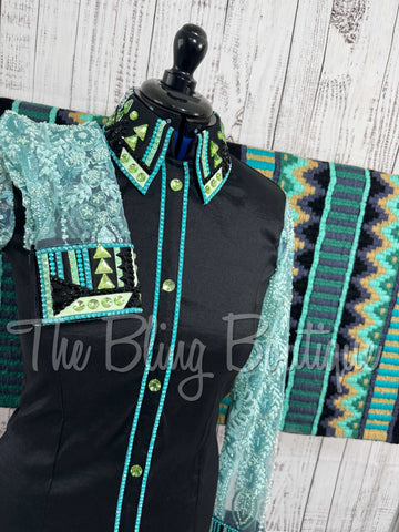 Black, Mint & Teal Day Shirt Set With Lace Sleeves (L)