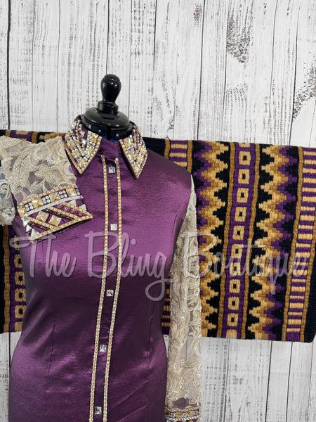 Aubergine & Tan Day Shirt Set With Lace Sleeves (L)