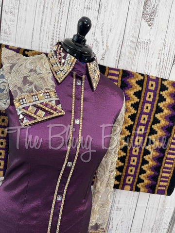 Aubergine & Tan Day Shirt Set With Lace Sleeves (L)