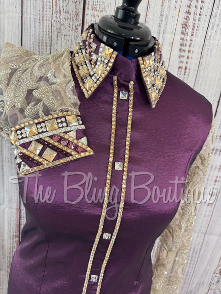 Aubergine & Tan Day Shirt Set With Lace Sleeves (L)