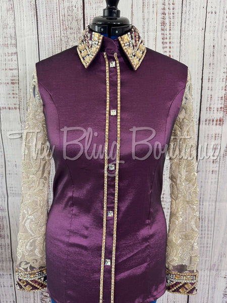 Aubergine & Tan Day Shirt Set With Lace Sleeves (L)