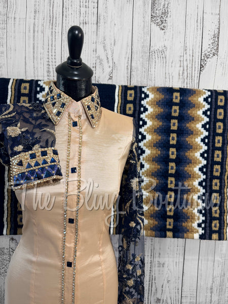 Tan & Navy Blue Day Shirt Set With Sheer Lace Sleeves (S)