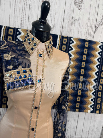 Tan & Navy Blue Day Shirt Set With Sheer Lace Sleeves (S)