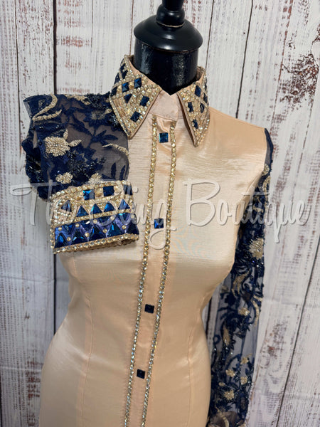 Tan & Navy Blue Day Shirt Set With Sheer Lace Sleeves (S)