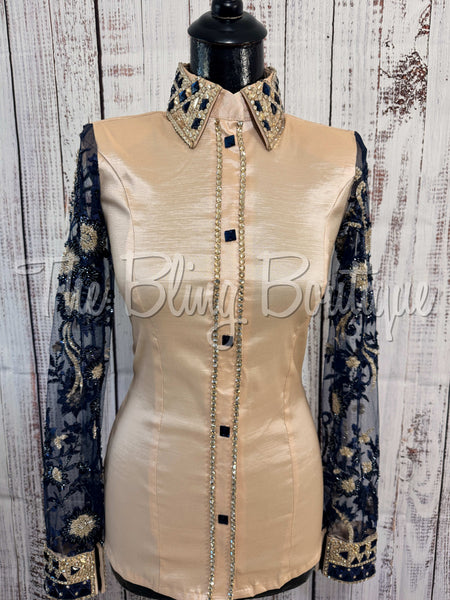 Tan & Navy Blue Day Shirt Set With Sheer Lace Sleeves (S)