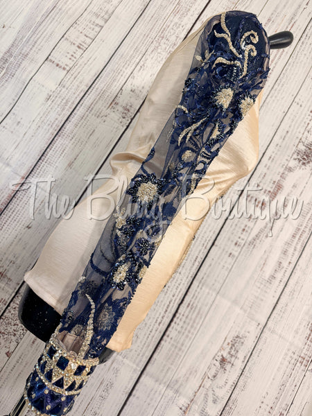 Tan & Navy Blue Day Shirt Set With Sheer Lace Sleeves (S)