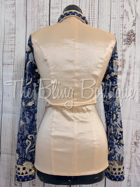 Tan & Navy Blue Day Shirt Set With Sheer Lace Sleeves (S)