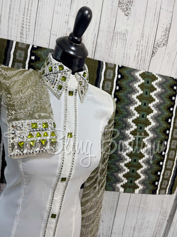 White & Olive Green Day Shirt Set With Sheer Lace Sleeves (S)