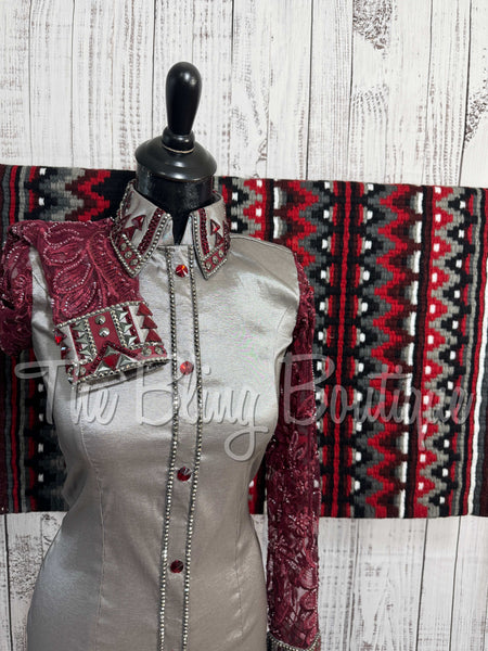 Grey & Burgundy Day Shirt Set With Sheer Lace Sleeves (S)