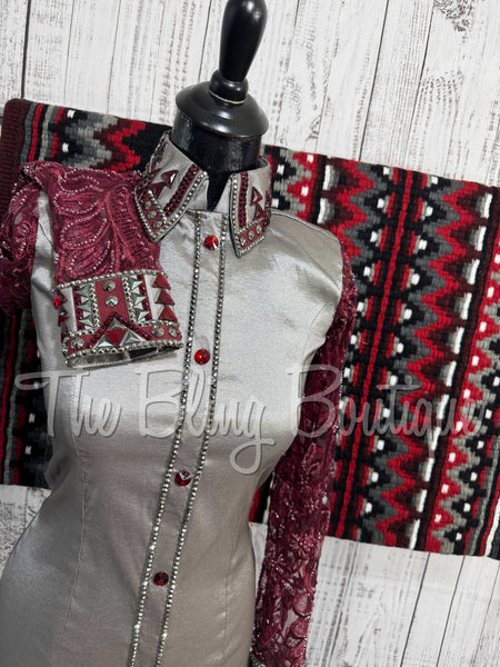 Grey & Burgundy Day Shirt Set With Sheer Lace Sleeves (S)