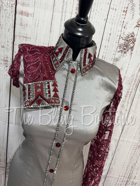 Grey & Burgundy Day Shirt Set With Sheer Lace Sleeves (S)