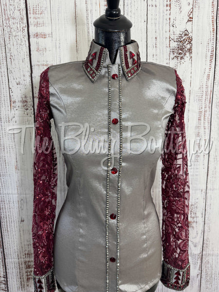 Grey & Burgundy Day Shirt Set With Sheer Lace Sleeves (S)