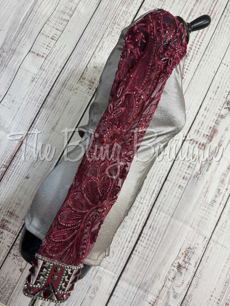 Grey & Burgundy Day Shirt Set With Sheer Lace Sleeves (S)