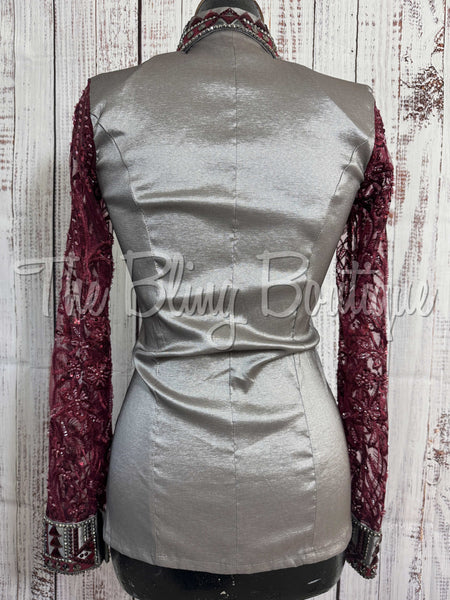 Grey & Burgundy Day Shirt Set With Sheer Lace Sleeves (S)